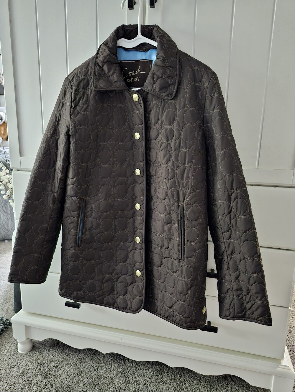 Coach Chocolate Brown Quilted Light Button-Front Puffer Jacket Sz Xs